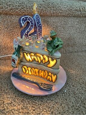 Hand-Painted Ceramic 'Happy Birthday' Cake Night Light - Purple & Green